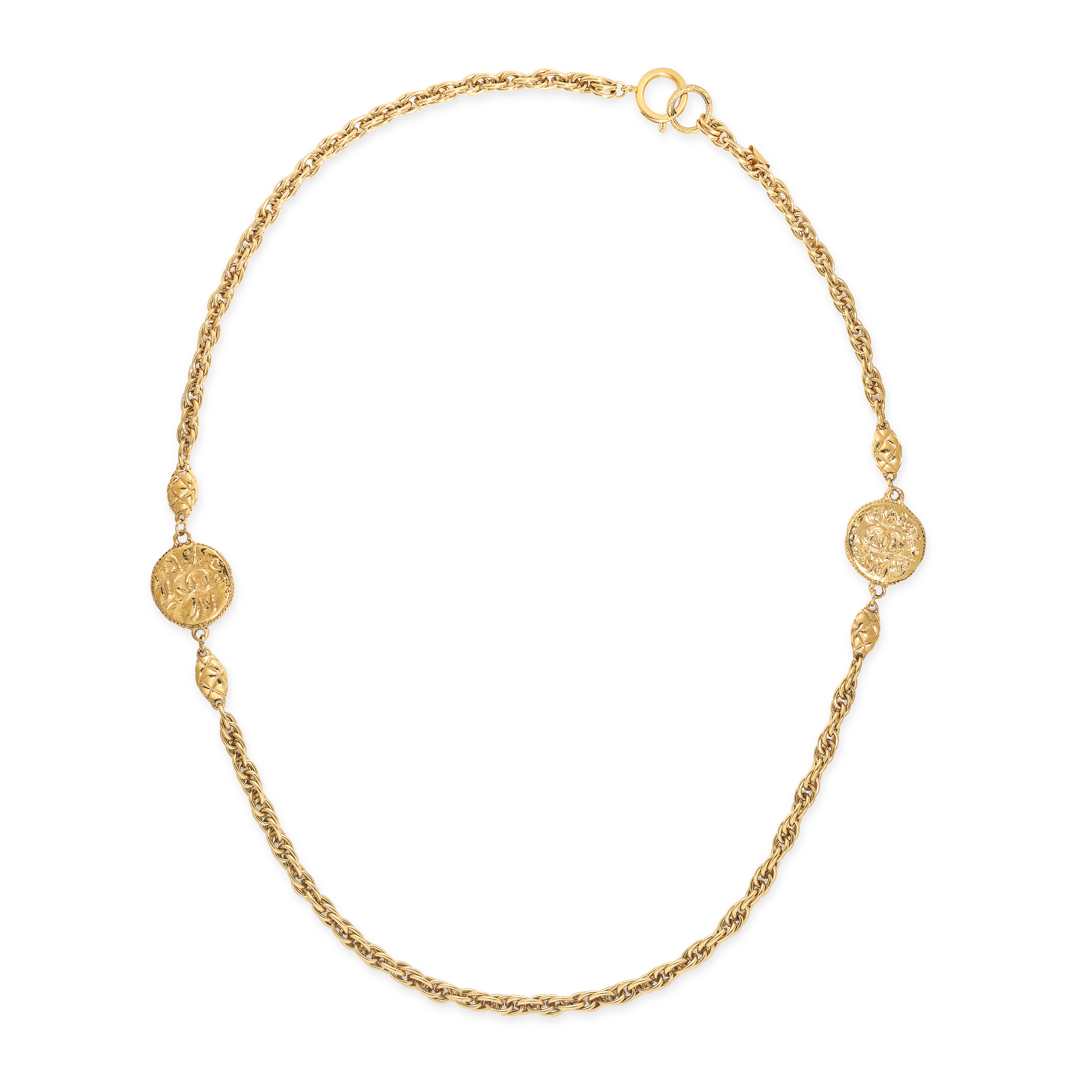 CHANEL, A VINTAGE FANCY LINK NECKLACE in gold plate, set with two Chanel motif disks between link...