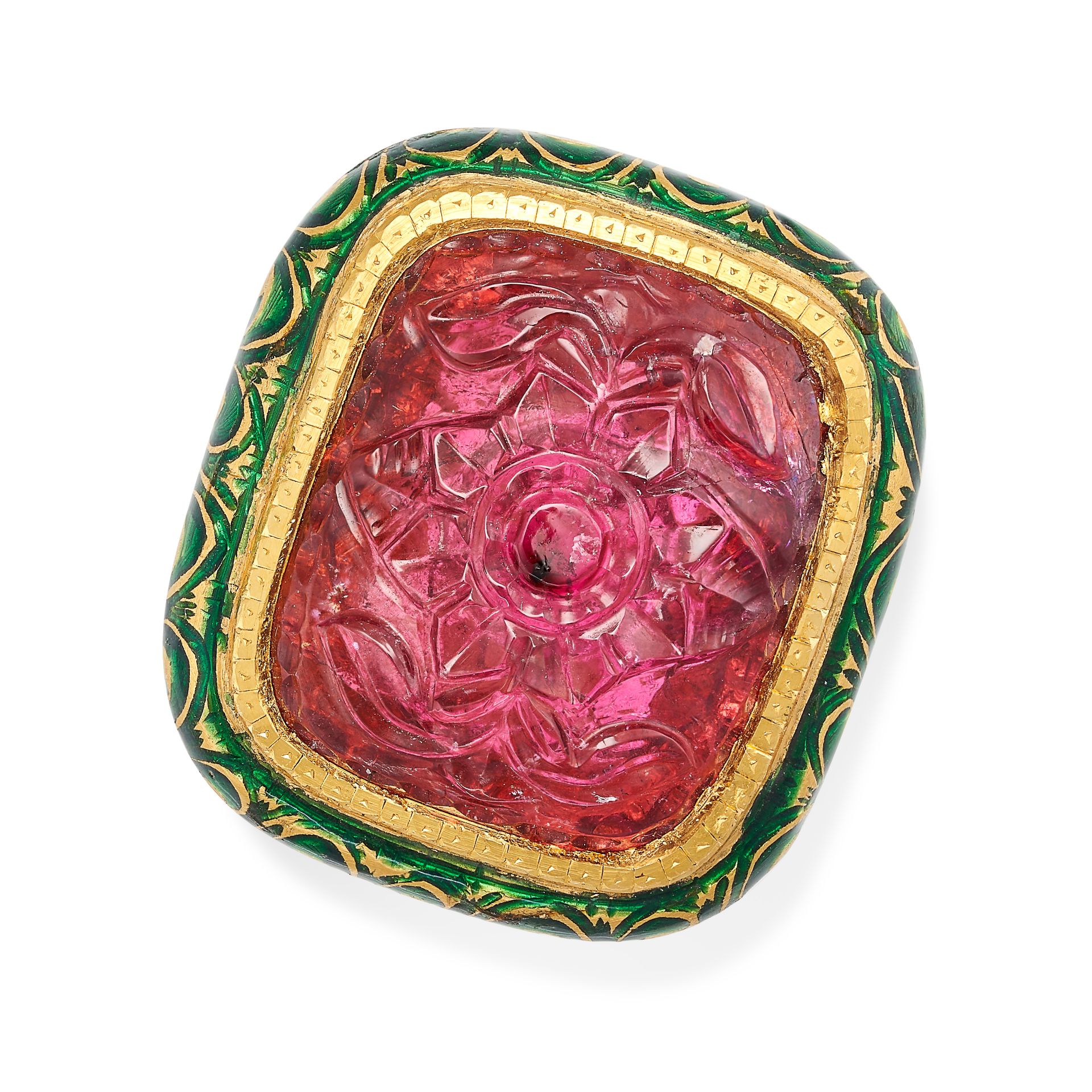 AN INDIAN PINK TOURMALINE AND ENAMEL RING in yellow gold, set with a Mughal carved pink tourmalin...