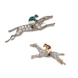 A PAIR OF ANTIQUE DIAMOND AND ENAMEL HORSE AND JOCKEY BROOCHES in yellow gold and silver, the hor...