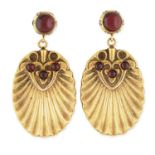 A PAIR OF ANTIQUE GARNET DROP EARRINGS, 19TH CENTURY in yellow gold, each set with a cabochon gar...