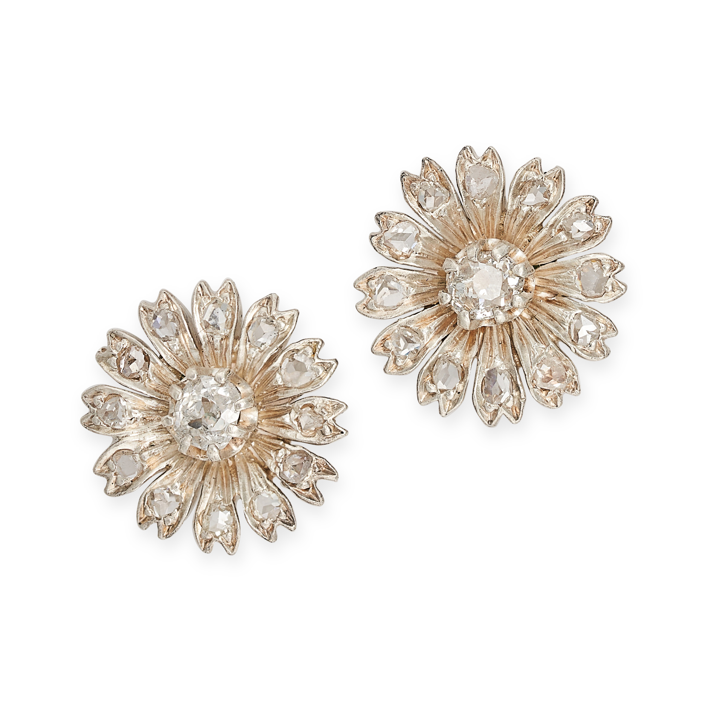 A PAIR OF DIAMOND FLOWER EARRINGS in 9ct white gold, set with old mine cut and rose cut diamonds,...