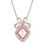 A RUBY AND DIAMOND PENDANT NECKLACE the kite shaped pendant set with rose cut diamonds and calibr...