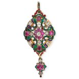 AN ANTIQUE ENAMEL, RUBY AND DIAMOND HOLBEINESQUE PENDANT in yellow gold, the openwork body set wi...