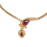 AN ANTIQUE GARNET SNAKE NECKLACE in yellow gold, designed as a snake, the head set with a pear sh...