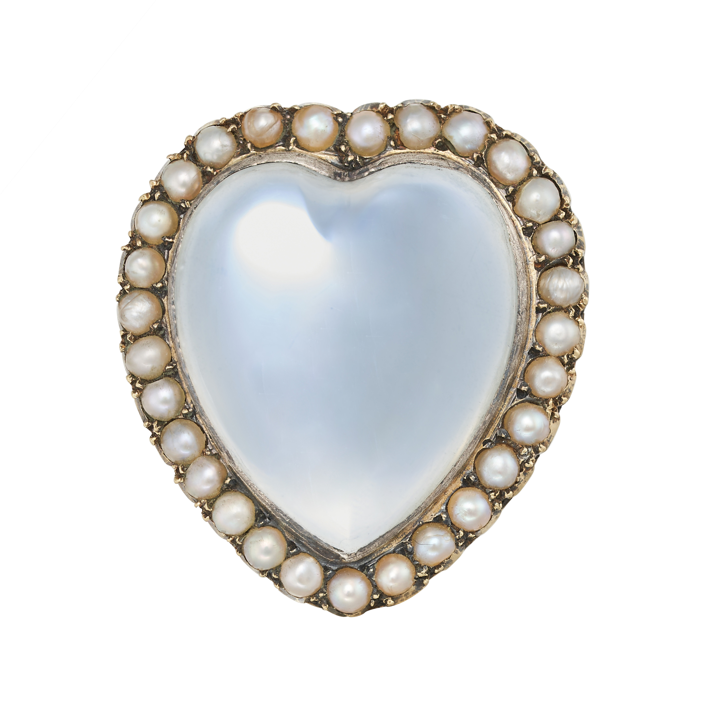 AN ANTIQUE MOONSTONE AND PEARL SWEETHEART BROOCH, 19TH CENTURY in yellow gold and silver, set wit...