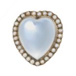 AN ANTIQUE MOONSTONE AND PEARL SWEETHEART BROOCH, 19TH CENTURY in yellow gold and silver, set wit...