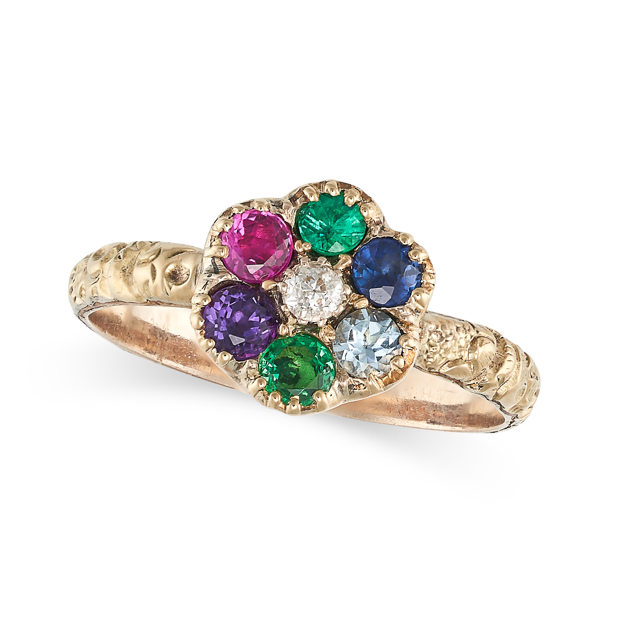 A GEMSET ACROSTIC CLUSTER RING in yellow gold, set with an old cut diamond in a cluster of round ...