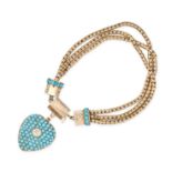 AN ANTIQUE TURQUOISE AND DIAMOND HEART LOCKET BRACELET in yellow gold, comprising three rows of s...
