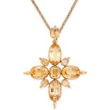 AN ANTIQUE IMPERIAL TOPAZ CROSS PENDANT NECKLACE in yellow gold, the pendant designed as a cross ...