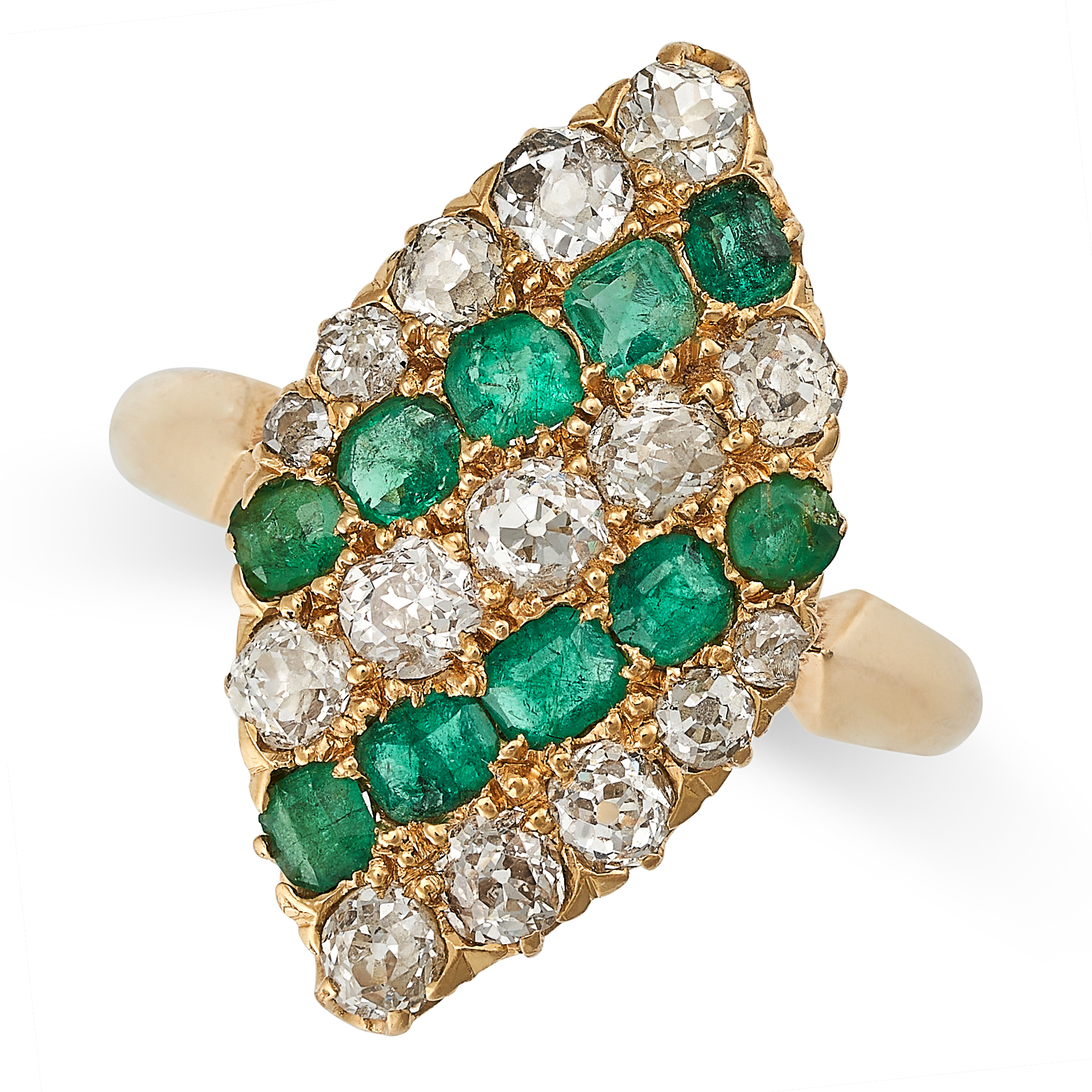 AN EMERALD AND DIAMOND NAVETTE RING in yellow gold, the navette face set with alternating rows of...