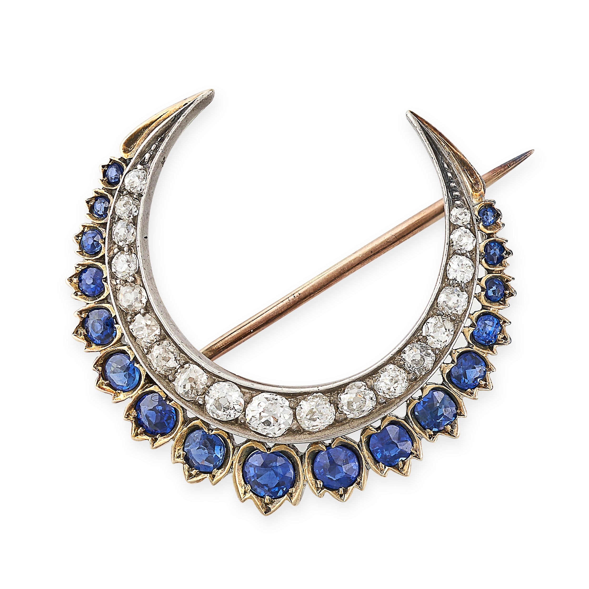 AN ANTIQUE VICTORIAN SAPPHIRE AND DIAMOND CRESCENT MOON BROOCH in yellow gold and silver, set wit...