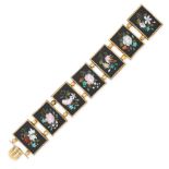 AN ANTIQUE PIETRA DURA BRACELET in yellow gold, comprising seven rectangular links inlaid with po...