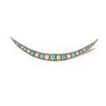 AN ANTIQUE TURQUOISE AND PEARL CRESCENT MOON BROOCH in yellow gold, designed as a crescent moon s...