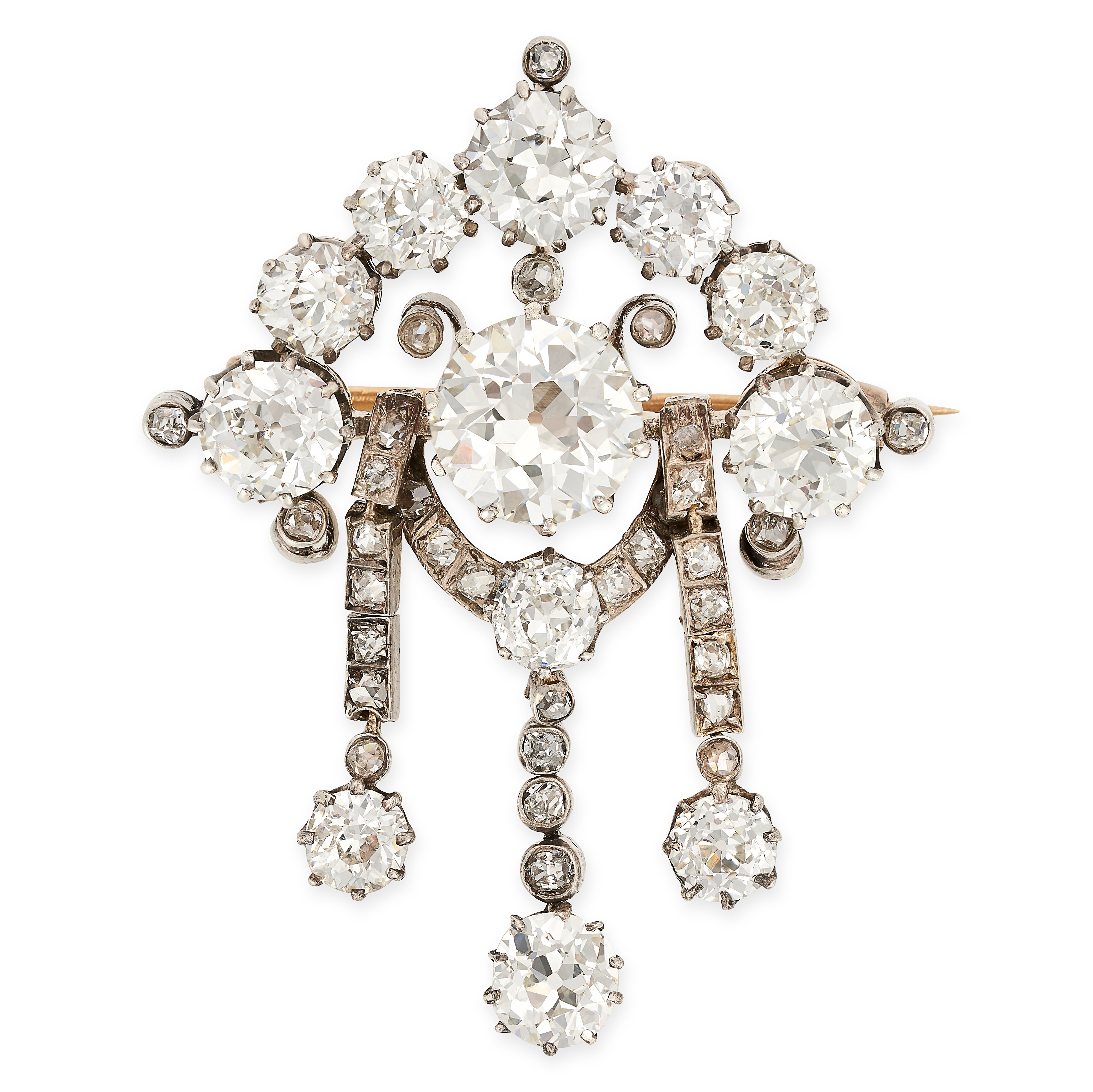 A FINE ANTIQUE DIAMOND BROOCH in yellow gold, set to the centre with an old European cut diamond ...