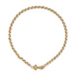 AN ANTIQUE GEORGIAN HAND FANCY LINK CHAIN NECKLACE in yellow gold, the fancy link chain terminati...