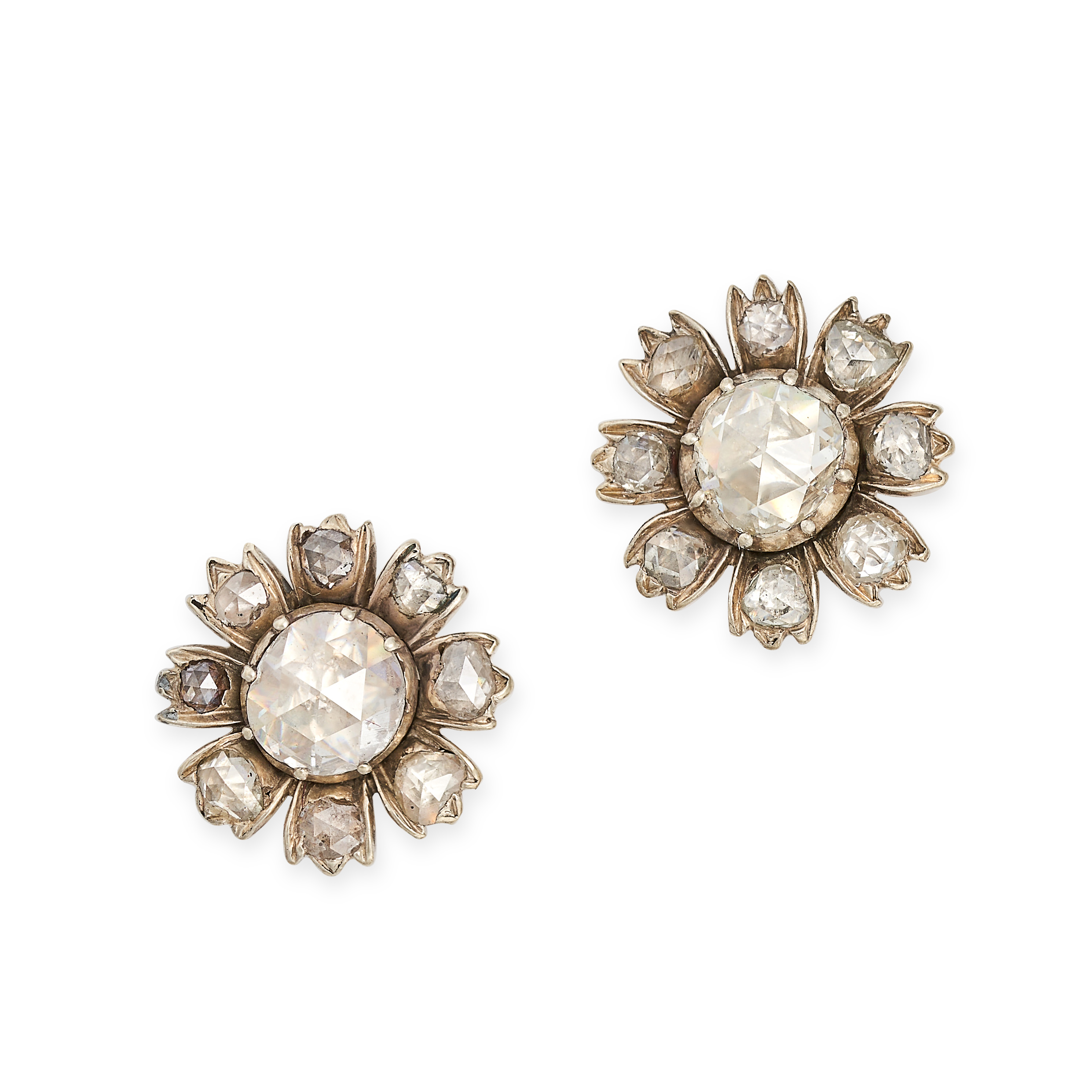 A PAIR OF DIAMOND FLOWER STUD EARRINGS in white and yellow gold, each set with a rose cut diamond...