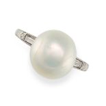 A NATURAL PEARL AND DIAMOND RING in white gold, set with a pearl of 11.1mm, the shoulders set wit...