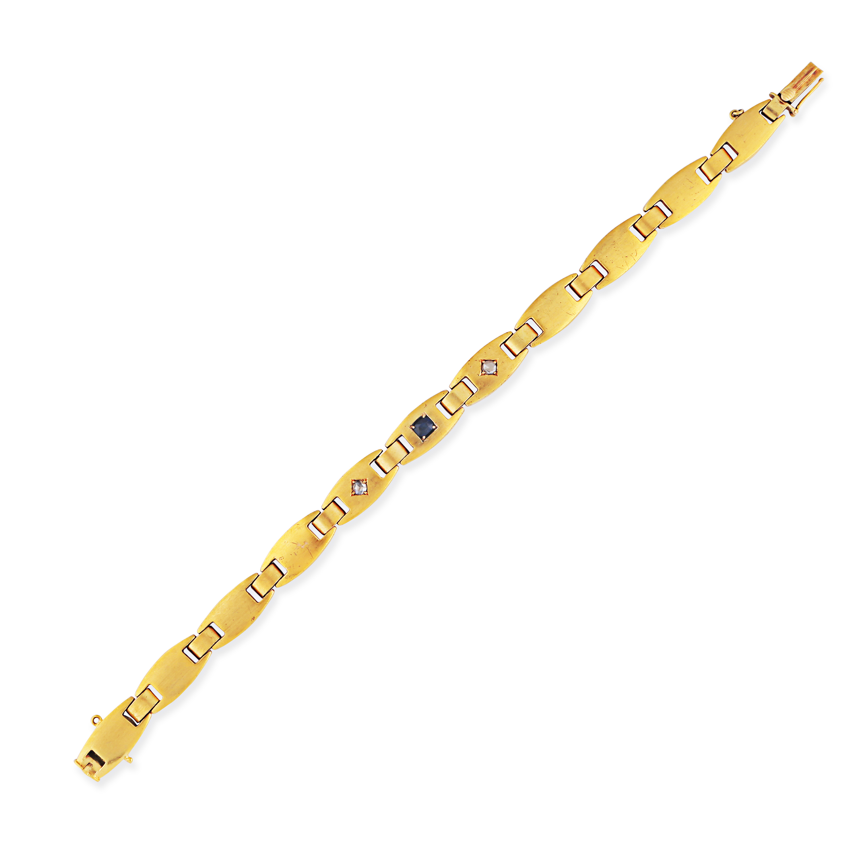 A SAPPHIRE AND DIAMOND BRACELET in yellow gold, comprising a row of fancy links set with a round ...