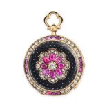 AN ANTIQUE RUBY, DIAMOND AND ENAMEL POCKET WATCH in yellow gold, the circular dial within a rose ...