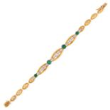 AN EMERALD AND DIAMOND BRACELET in 18ct yellow gold, comprising a row of fancy links set with cab...