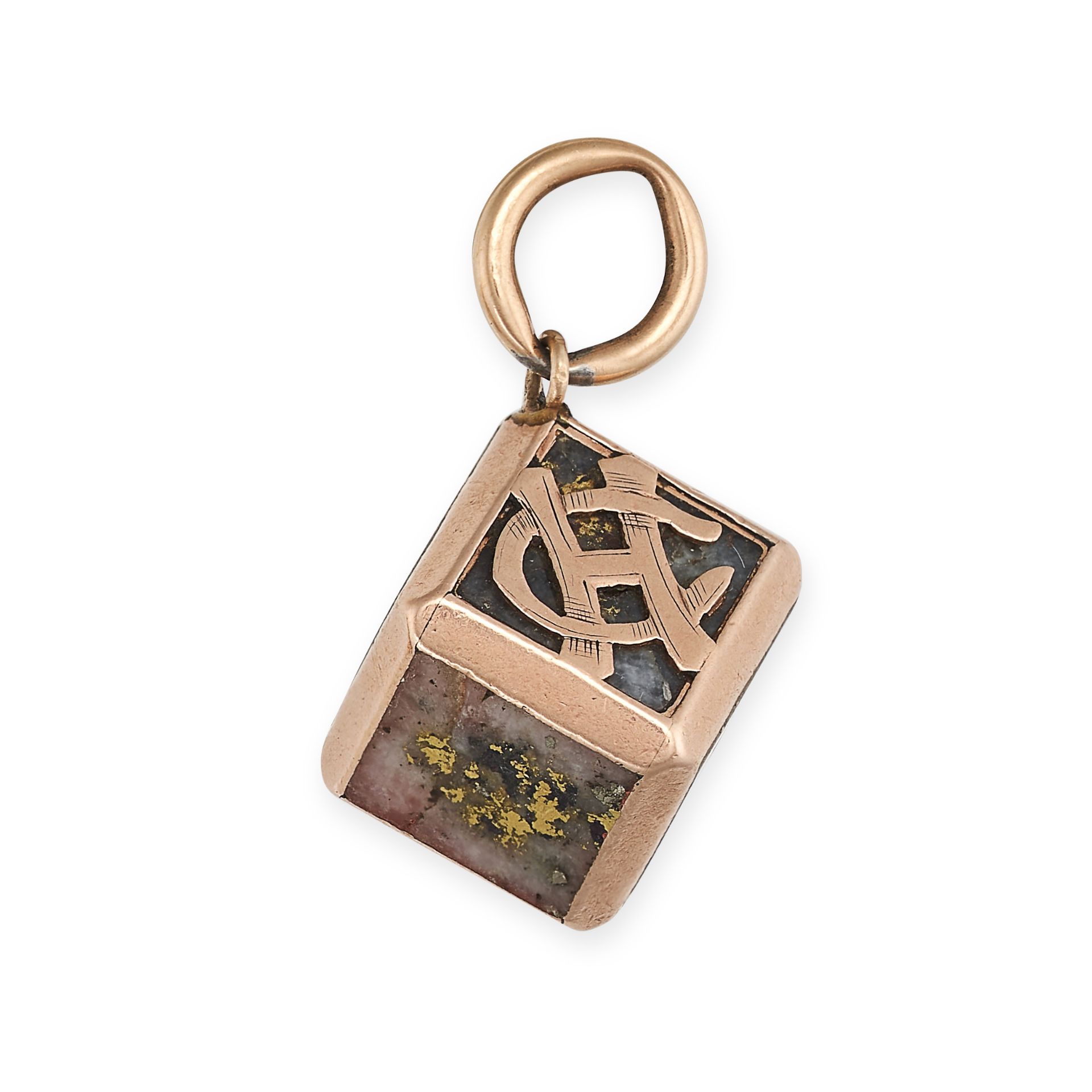 AN ANTIQUE GOLDRUSH GOLD ORE CHARM / PENDANT in yellow gold, the cube shaped pendant set with gol...