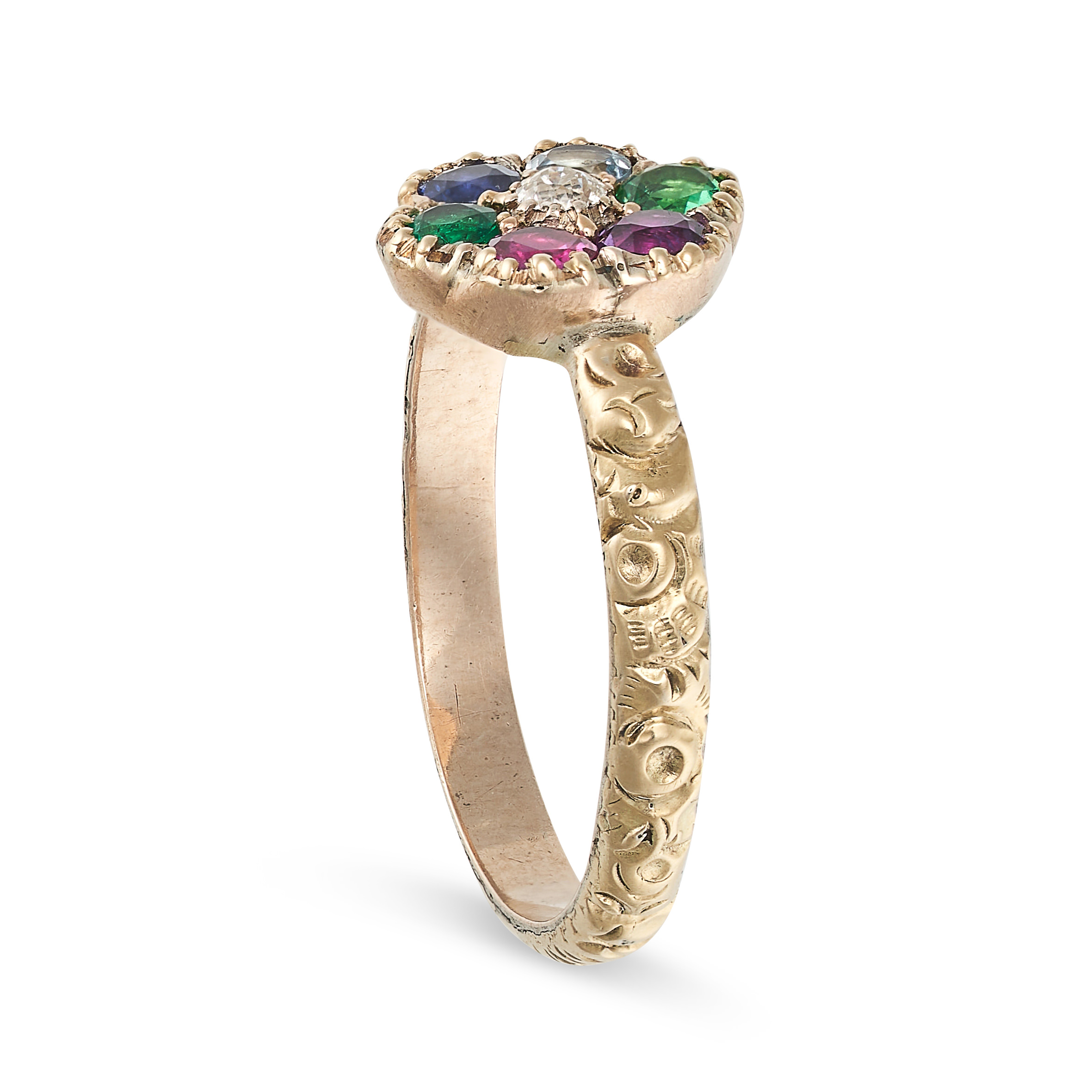 A GEMSET ACROSTIC CLUSTER RING in yellow gold, set with an old cut diamond in a cluster of round ... - Image 2 of 2