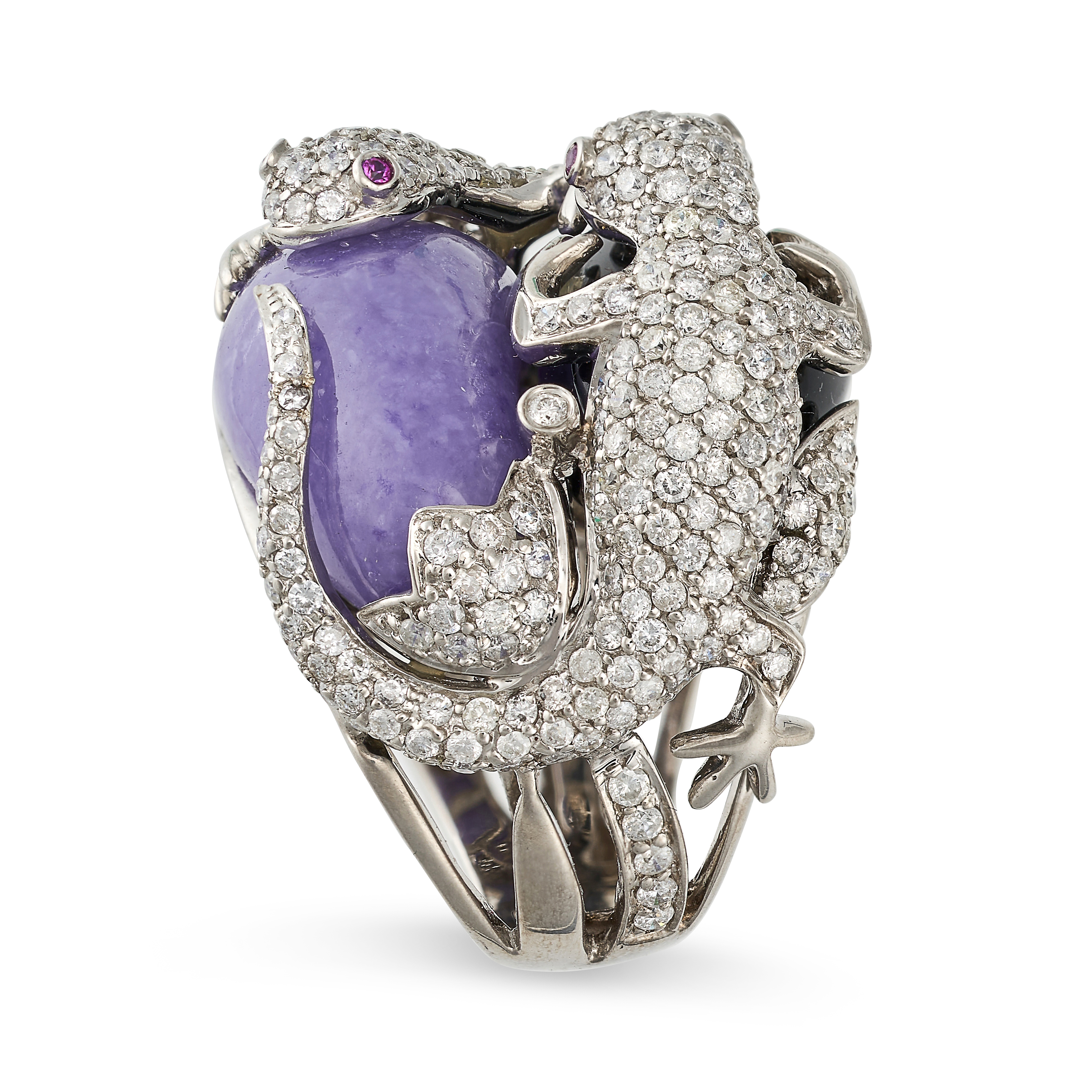 A LAVENDER JADE, ONYX, DIAMOND AND RUBY SALAMANDER DRESS RING in 18ct white gold, set with a poli... - Image 2 of 2