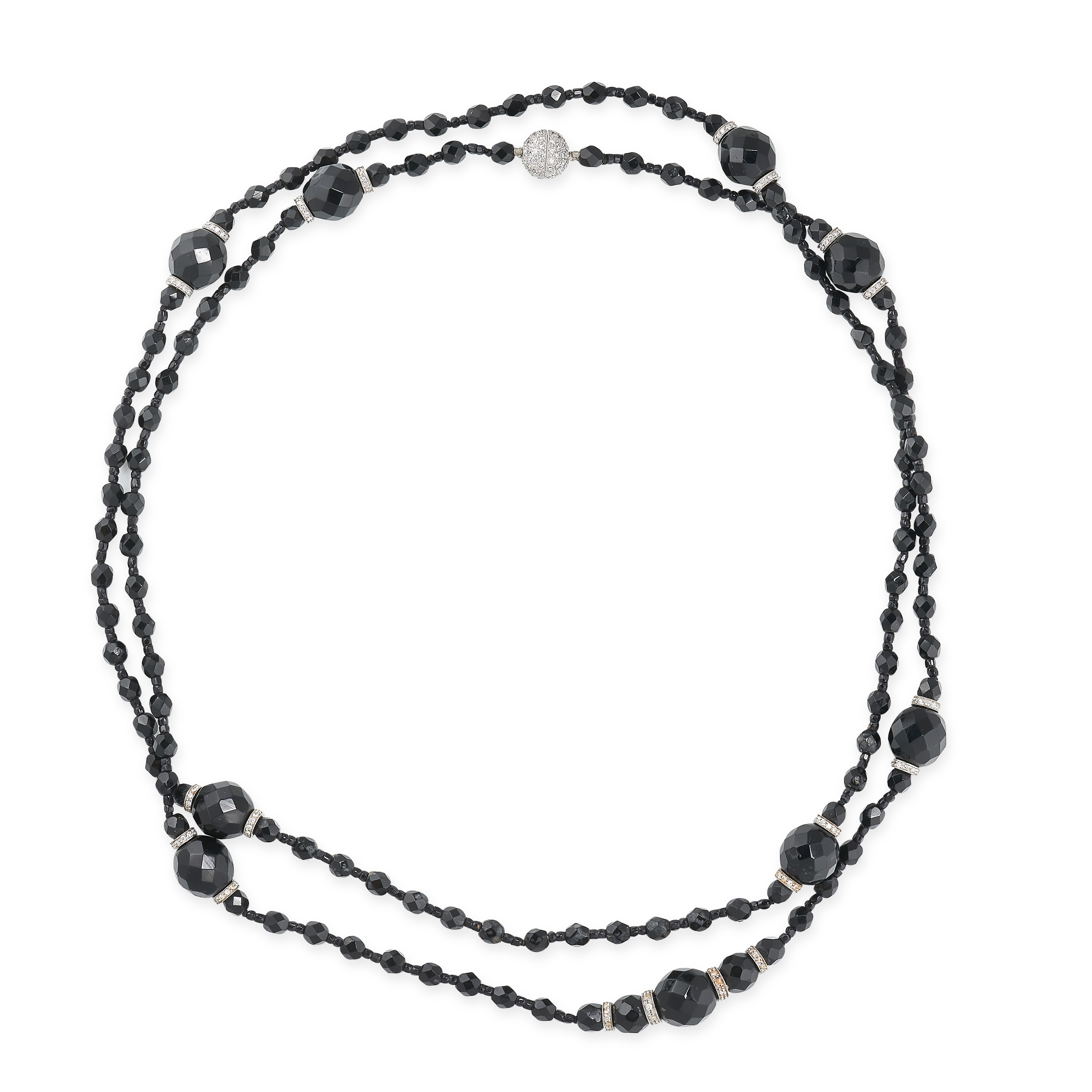 AN ONYX AND DIAMOND NECKLACE the necklace comprising a row of faceted onyx beads interspersed wit...