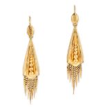 A PAIR OF ANTIQUE GOLD TASSEL EARRINGS in yellow gold, each earring in a tapered design accented ...