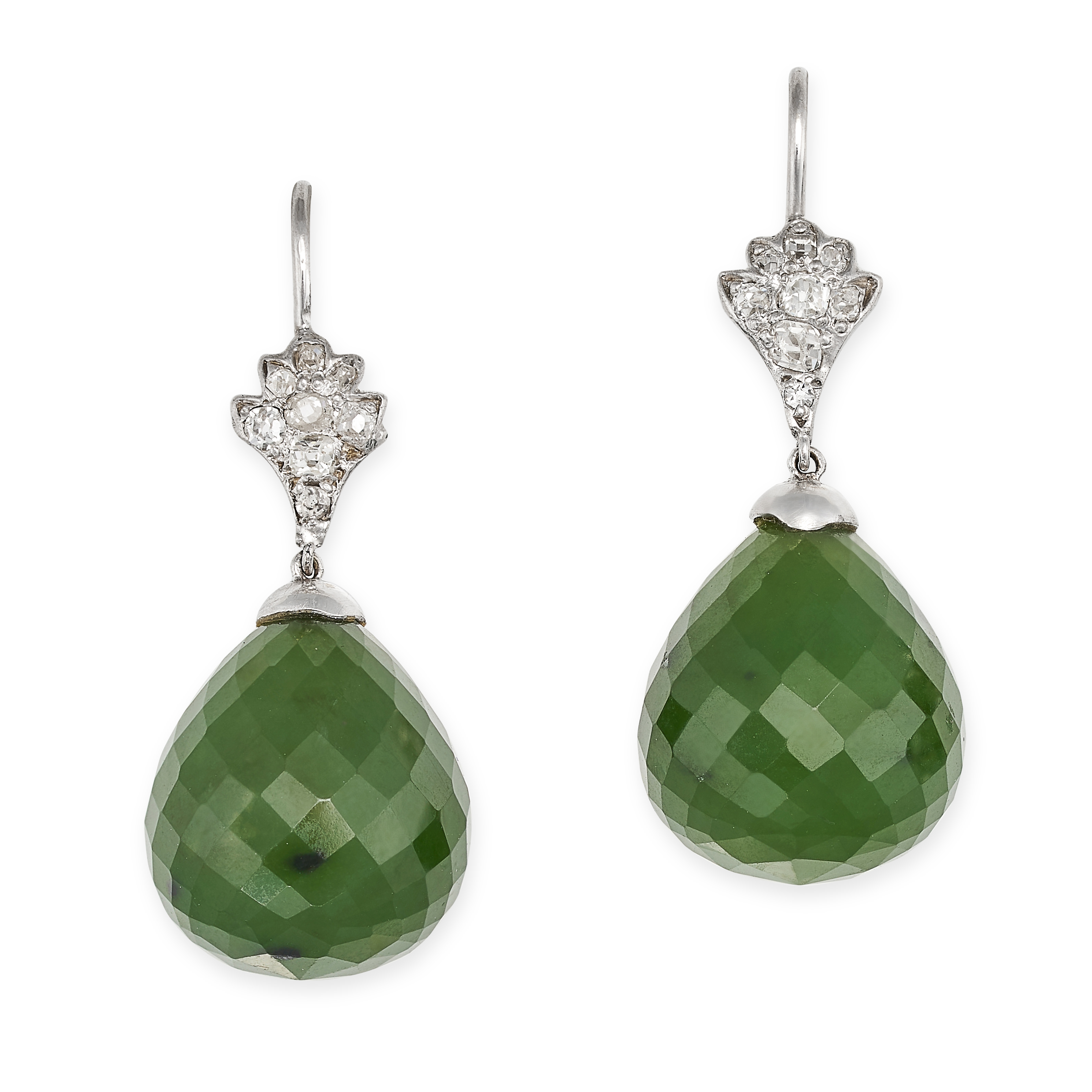 A PAIR OF NEPHRITE JADE AND DIAMOND DROP EARRINGS in white gold, each set with a briolette cut ne...