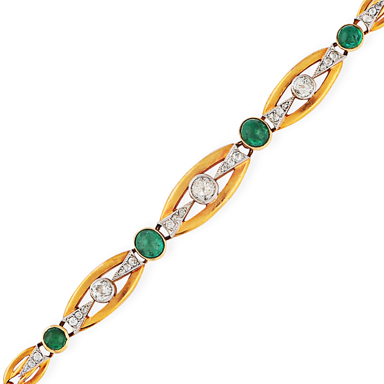 AN EMERALD AND DIAMOND BRACELET in 18ct yellow gold, comprising a row of fancy links set with cab... - Image 2 of 2