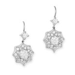 A PAIR OF DIAMOND DROP EARRINGS each comprising a round brilliant cut diamond suspending a round ...