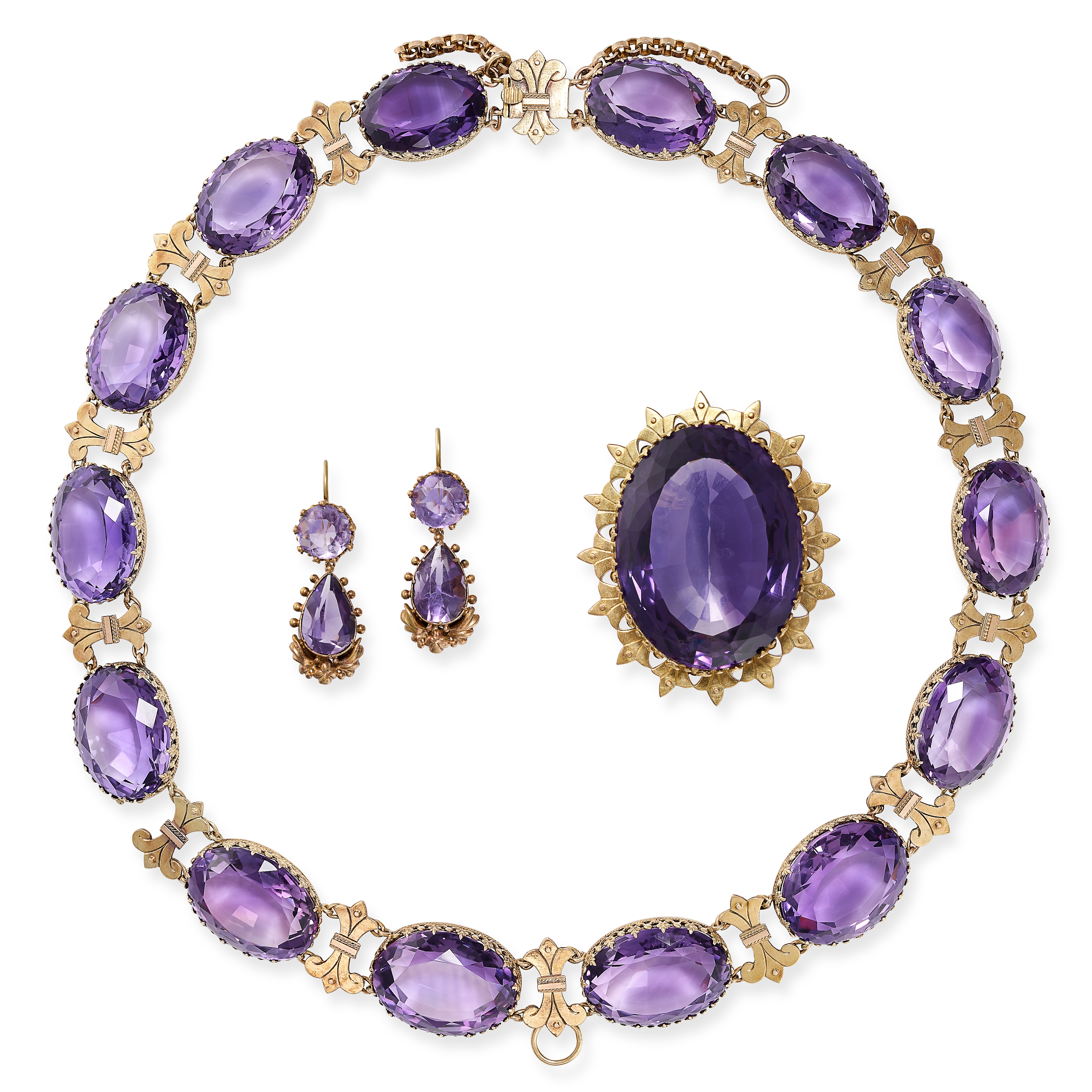 AN ANTIQUE AMETHYST RIVIERE NECKLACE, BROOCH AND EARRINGS PARURE in yellow gold, comprising a riv...