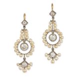 A PAIR OF ANTIQUE DIAMOND AND SEED PEARL DROP EARRINGS, each set with an old cut diamond suspendi...