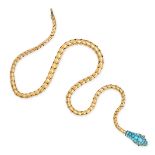 AN ANTIQUE VICTORIAN TURQUOISE SNAKE NECKLACE in yellow gold, the head set throughout with caboch...