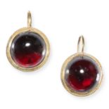 A PAIR OF ANTIQUE GARNET EARRINGS in yellow gold, each set with a cabochon garnet, no assay marks...