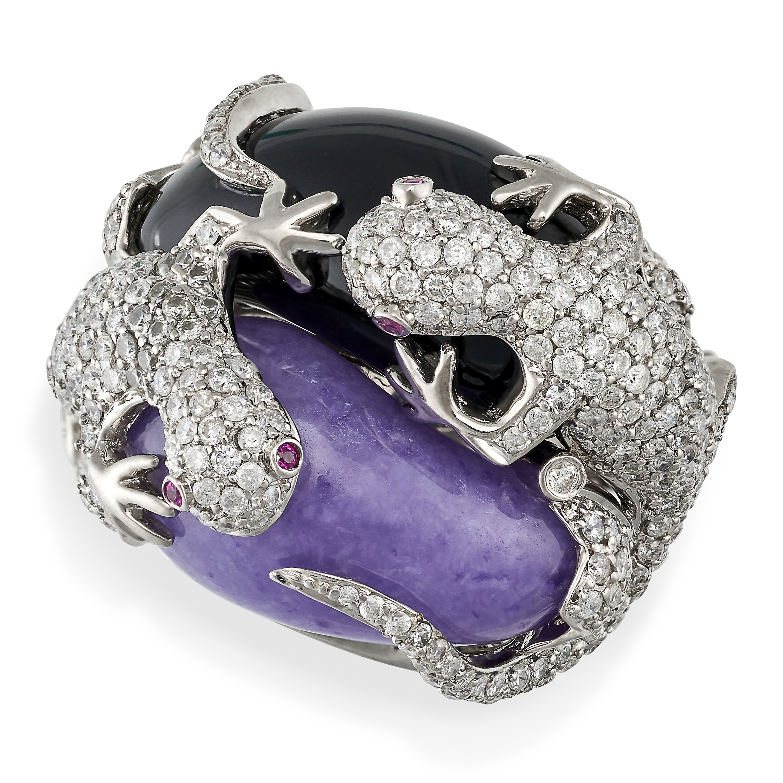 A LAVENDER JADE, ONYX, DIAMOND AND RUBY SALAMANDER DRESS RING in 18ct white gold, set with a poli...