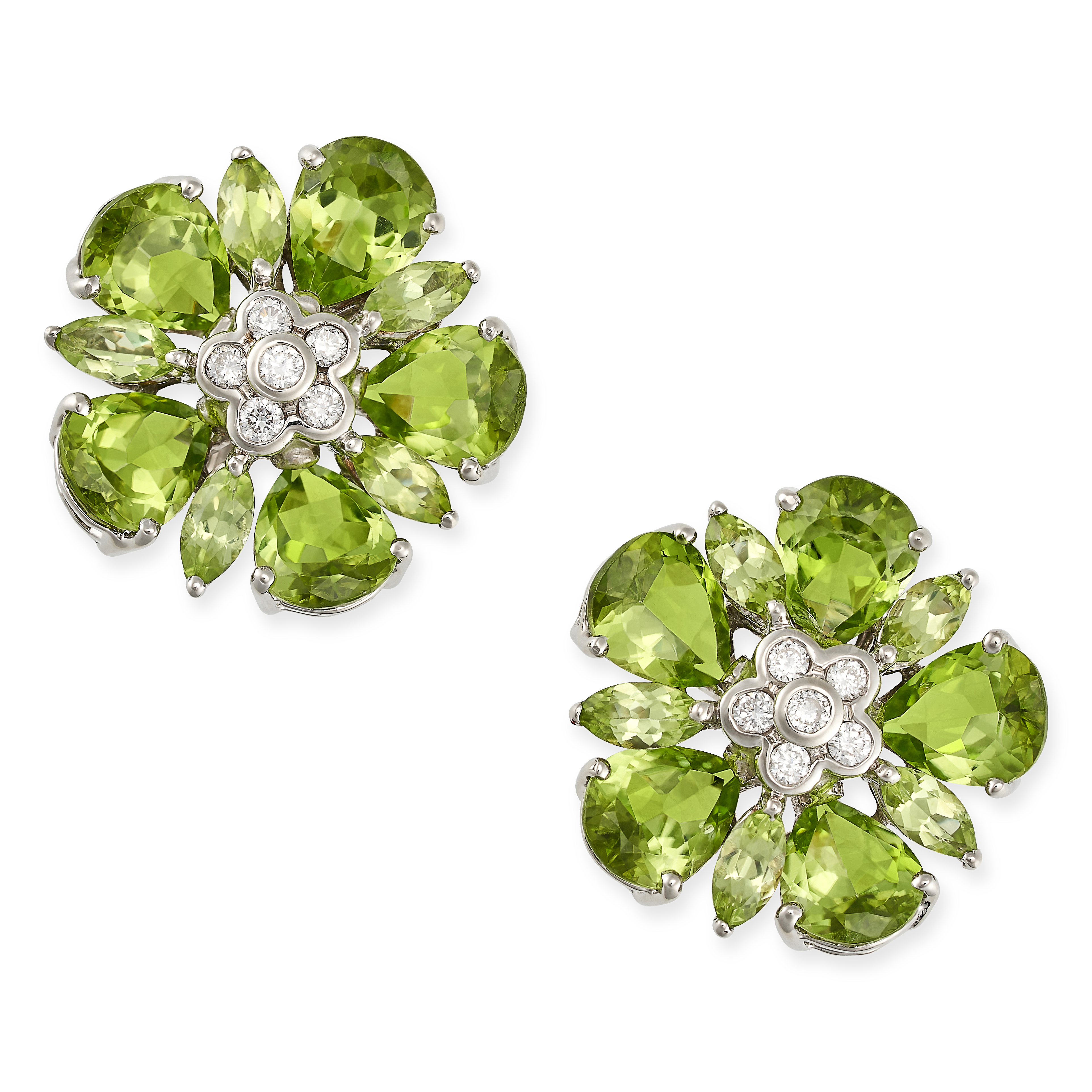 A PAIR OF PERIDOT AND DIAMOND FLOWER EARRINGS in 18ct white gold, each set with a cluster of roun...