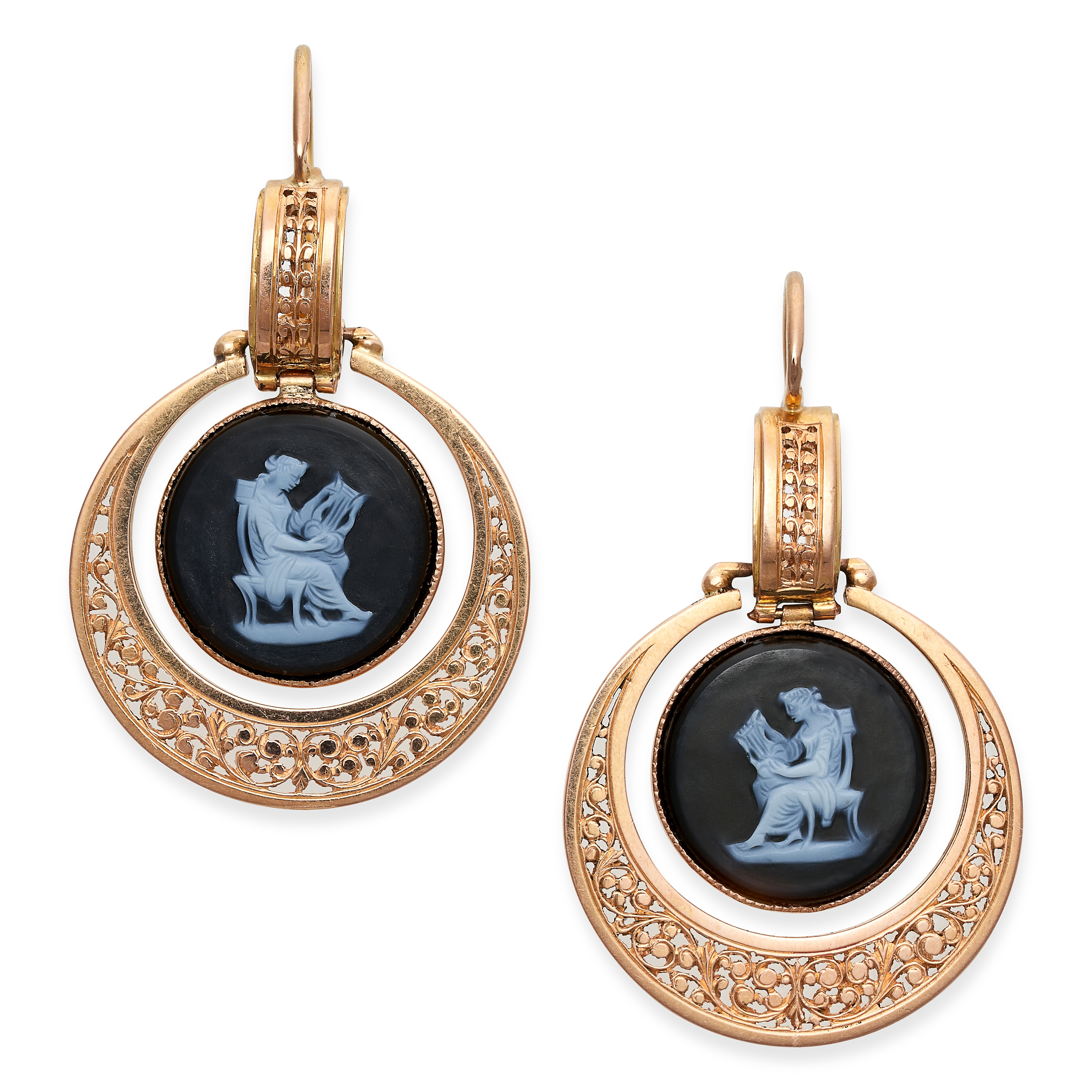 A FINE PAIR OF ANTIQUE FRENCH HARDSTONE CAMEO EARRINGS, 19TH CENTURY in 18ct yellow gold, each se...