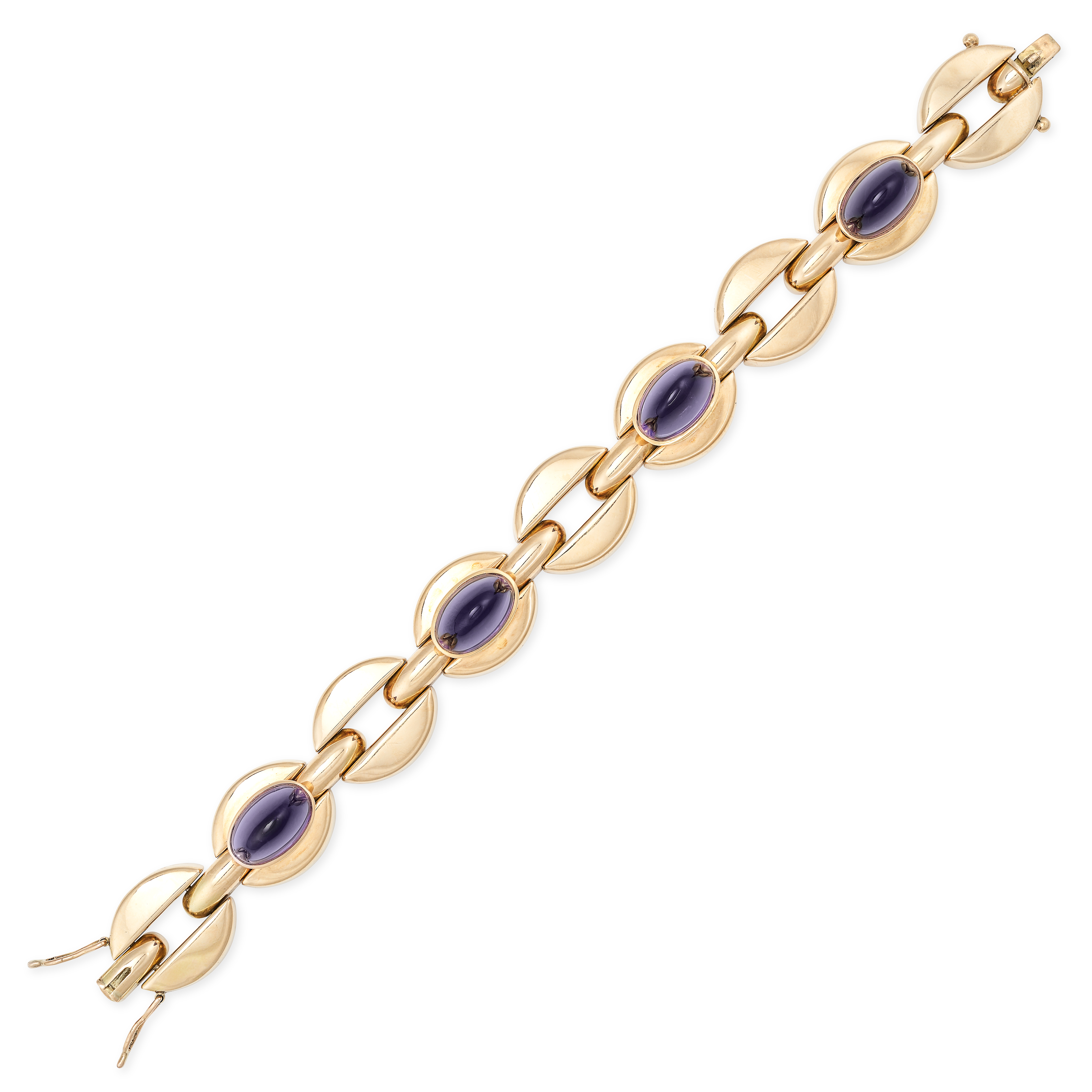 A FINE VINTAGE AMETHYST BRACELET in yellow gold, the oval links set with four sugarloaf cabochon ... - Image 3 of 3