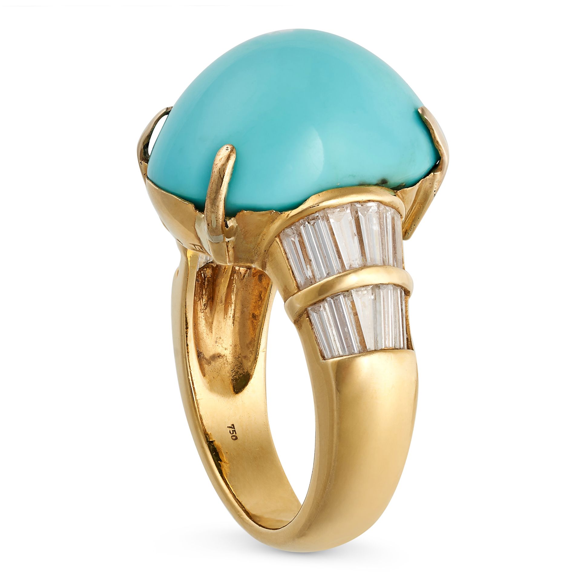 A TURQUOISE AND DIAMOND DRESS RING in 18ct yellow gold, set with an oval cabochon turquoise, the ... - Bild 2 aus 2