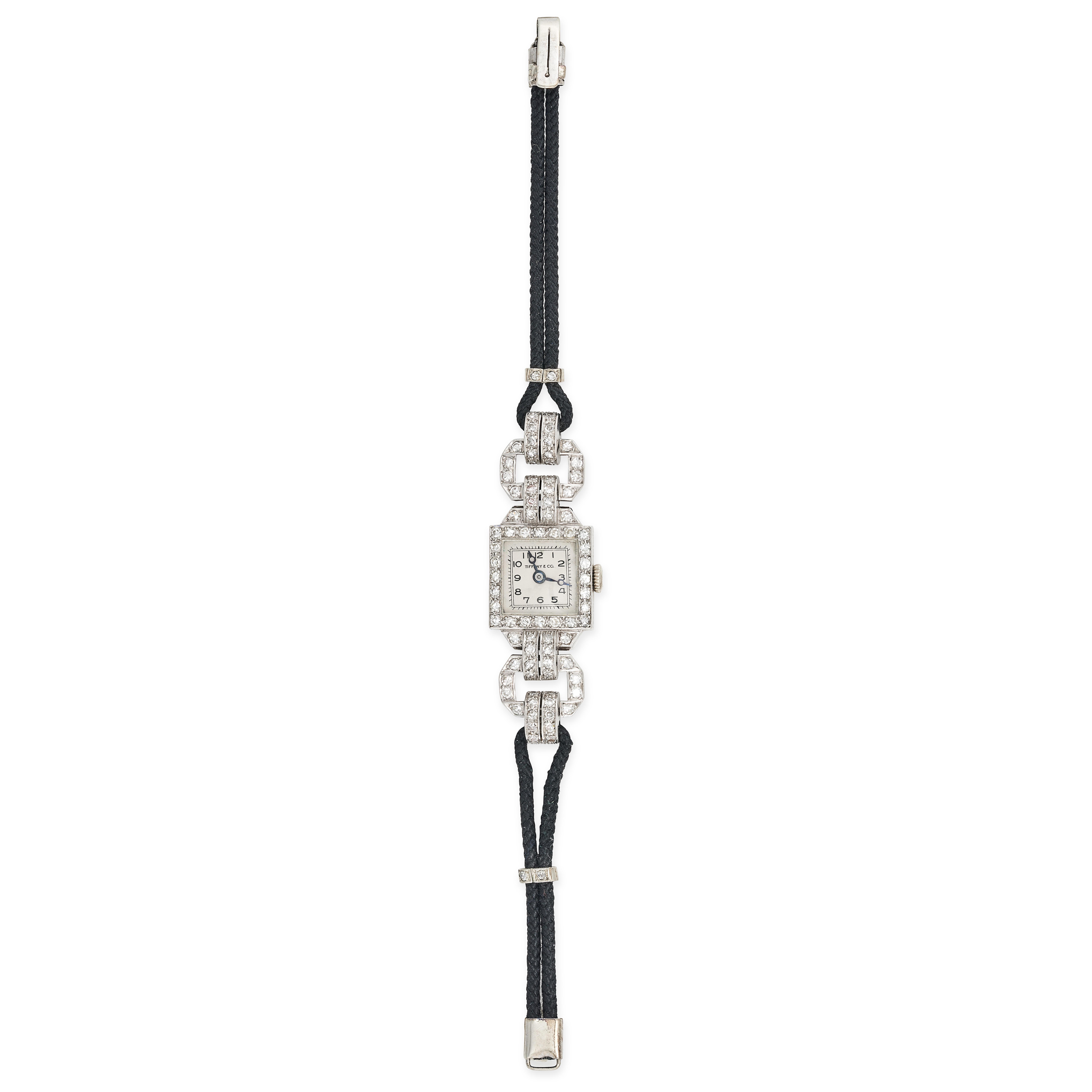 TIFFANY & CO., AN ART DECO DIAMOND COCKTAIL WATCH in 9ct white gold, the square watch face in a b...
