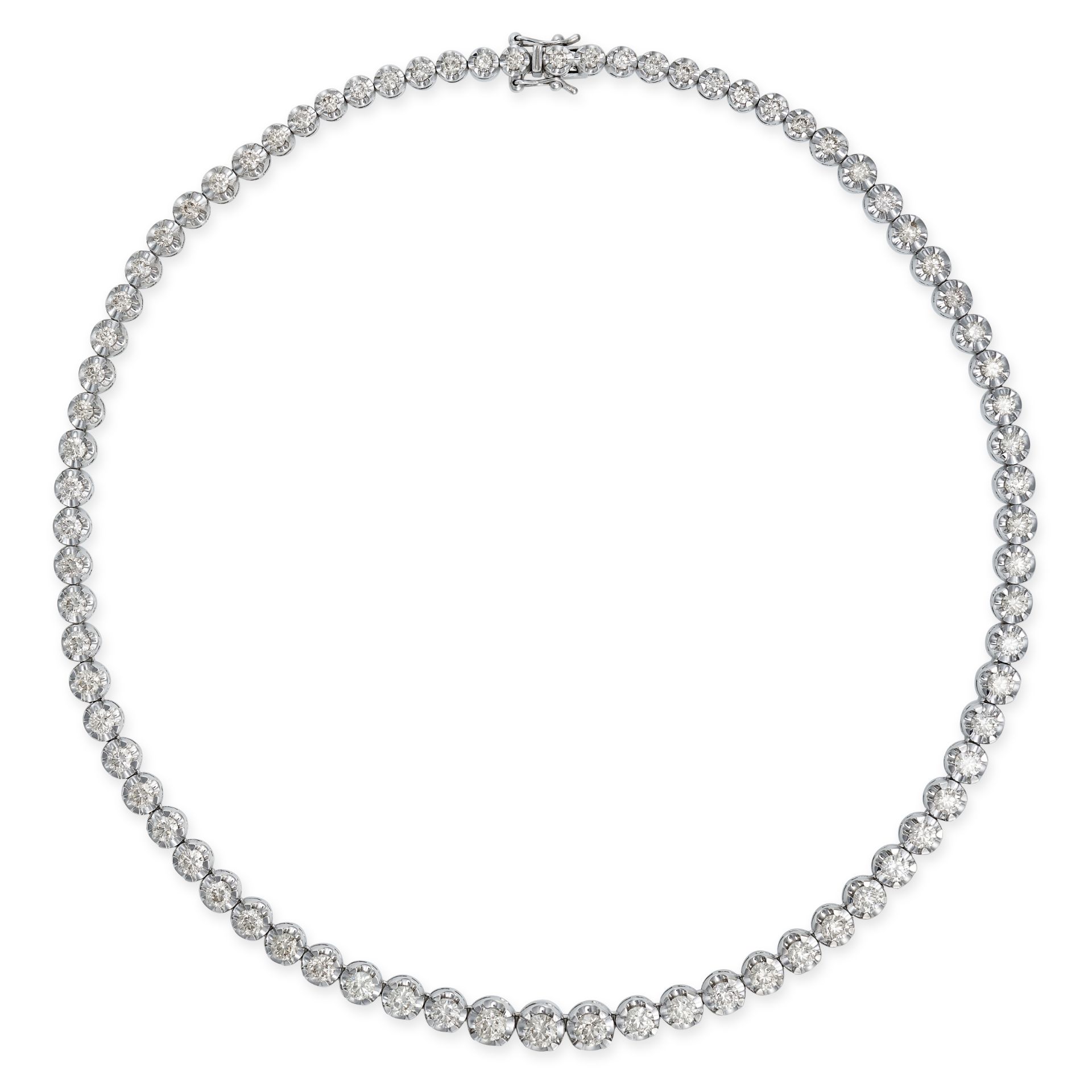 A DIAMOND RIVIERE NECKLACE in 14ct white gold, set with a single row of graduating round brillian...