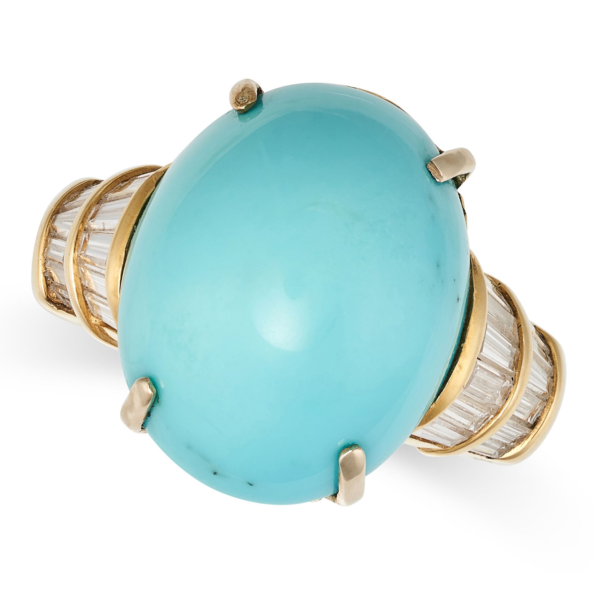 A TURQUOISE AND DIAMOND DRESS RING in 18ct yellow gold, set with an oval cabochon turquoise, the ...