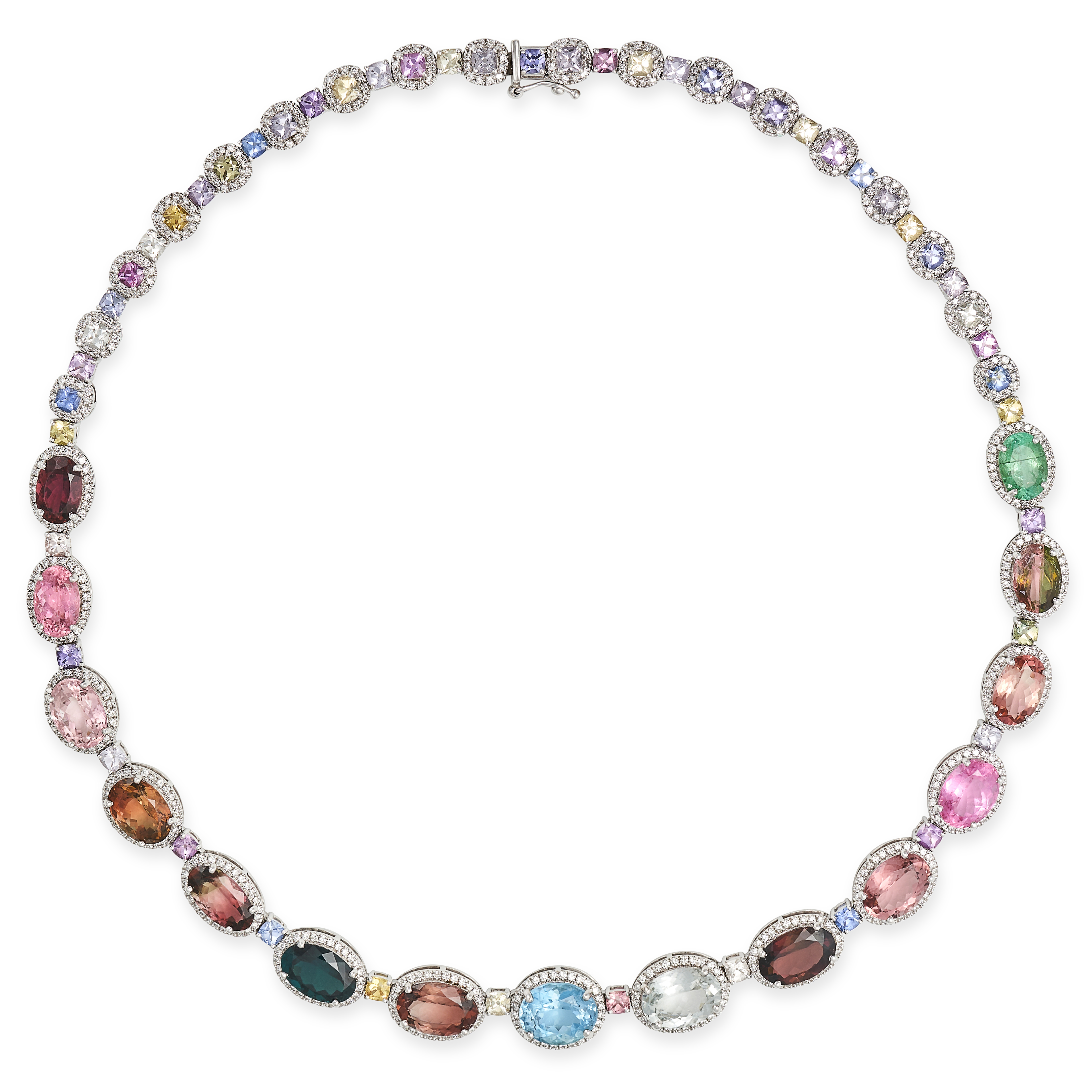 A MULTICOLOURED GEMSTONE AND DIAMOND RIVIERE NECKLACE in 18ct white gold, set with oval mixed cut...