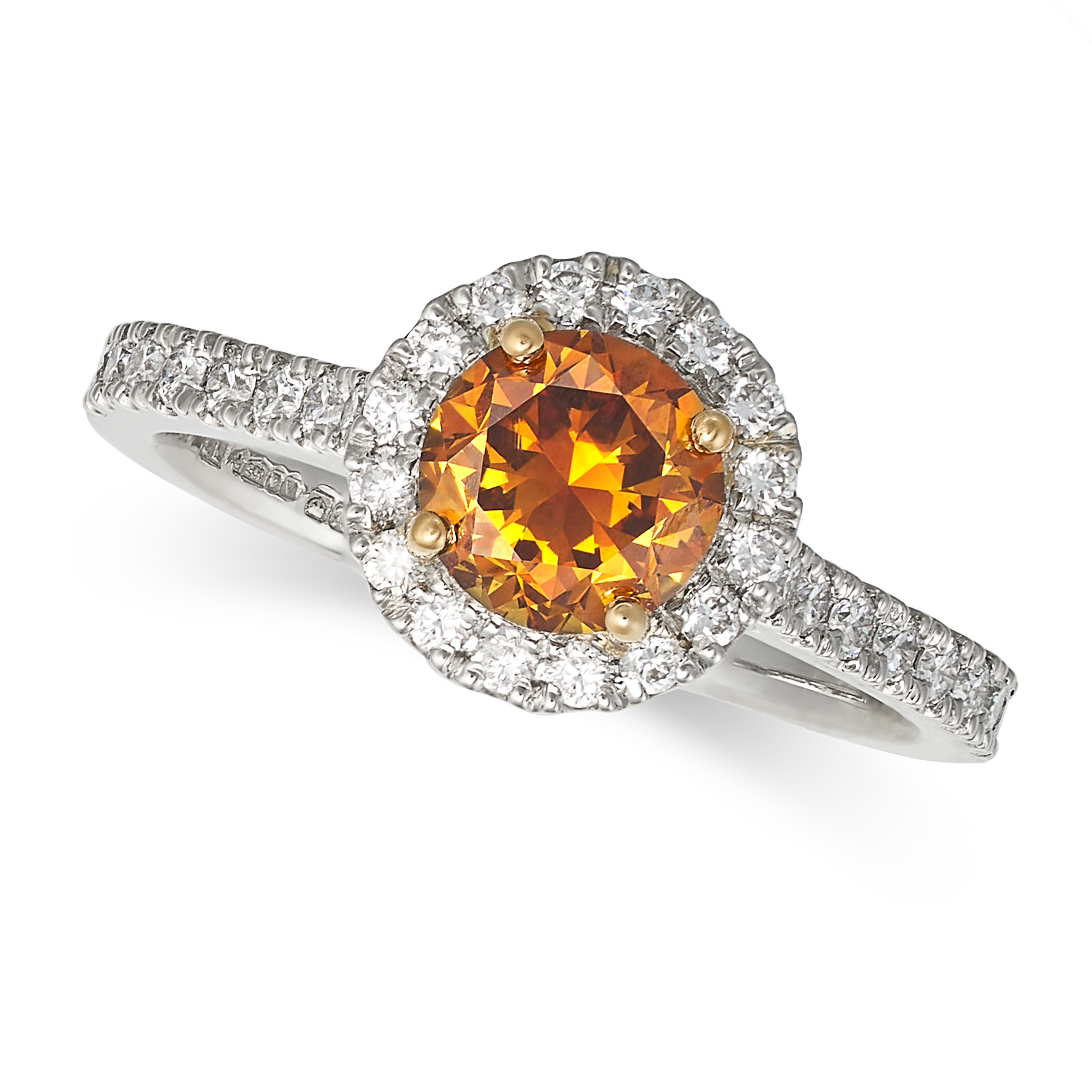 AN ORANGE DIAMOND CLUSTER RING in 18ct white gold and platinum, set with a round brilliant cut or...