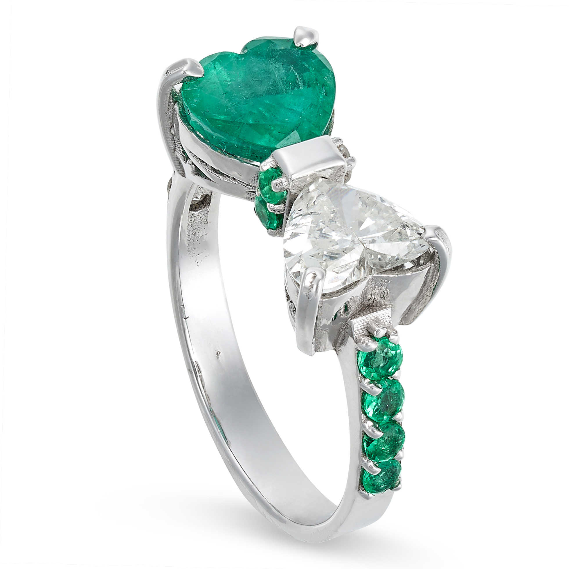 AN EMERALD AND DIAMOND BOW RING in 18ct white gold, in bow design, set with a heart cut diamond o... - Image 2 of 2