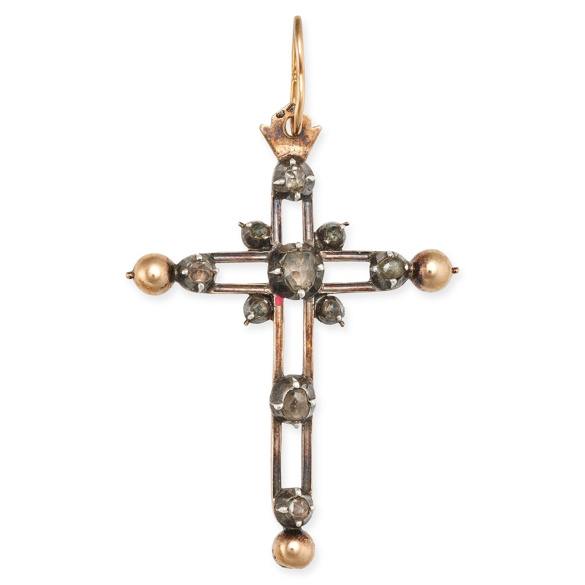 AN ANTIQUE DIAMOND CROSS PENDANT in yellow gold and silver, designed as an openwork cross set wit...