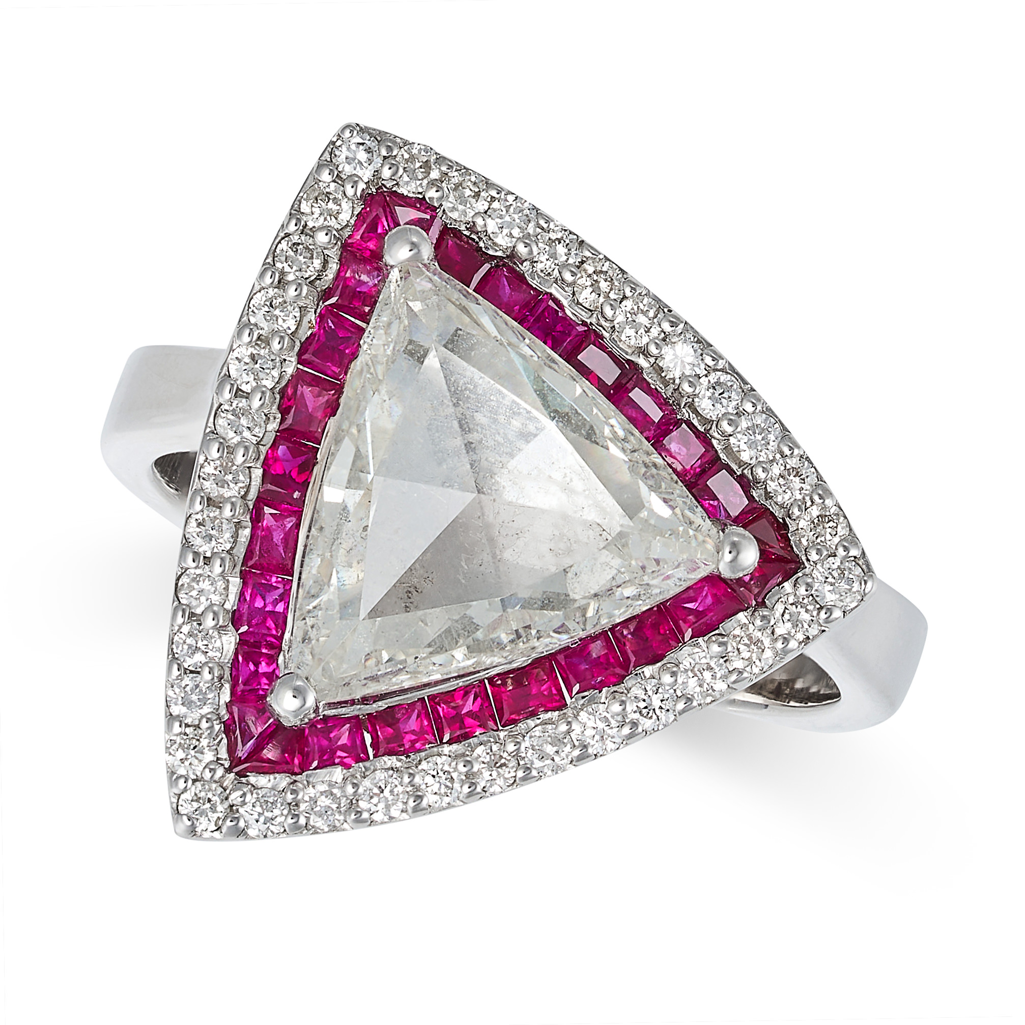 A DIAMOND AND RUBY TARGET RING in 18ct white gold, set with a triangular shaped diamond of 2.11 c...