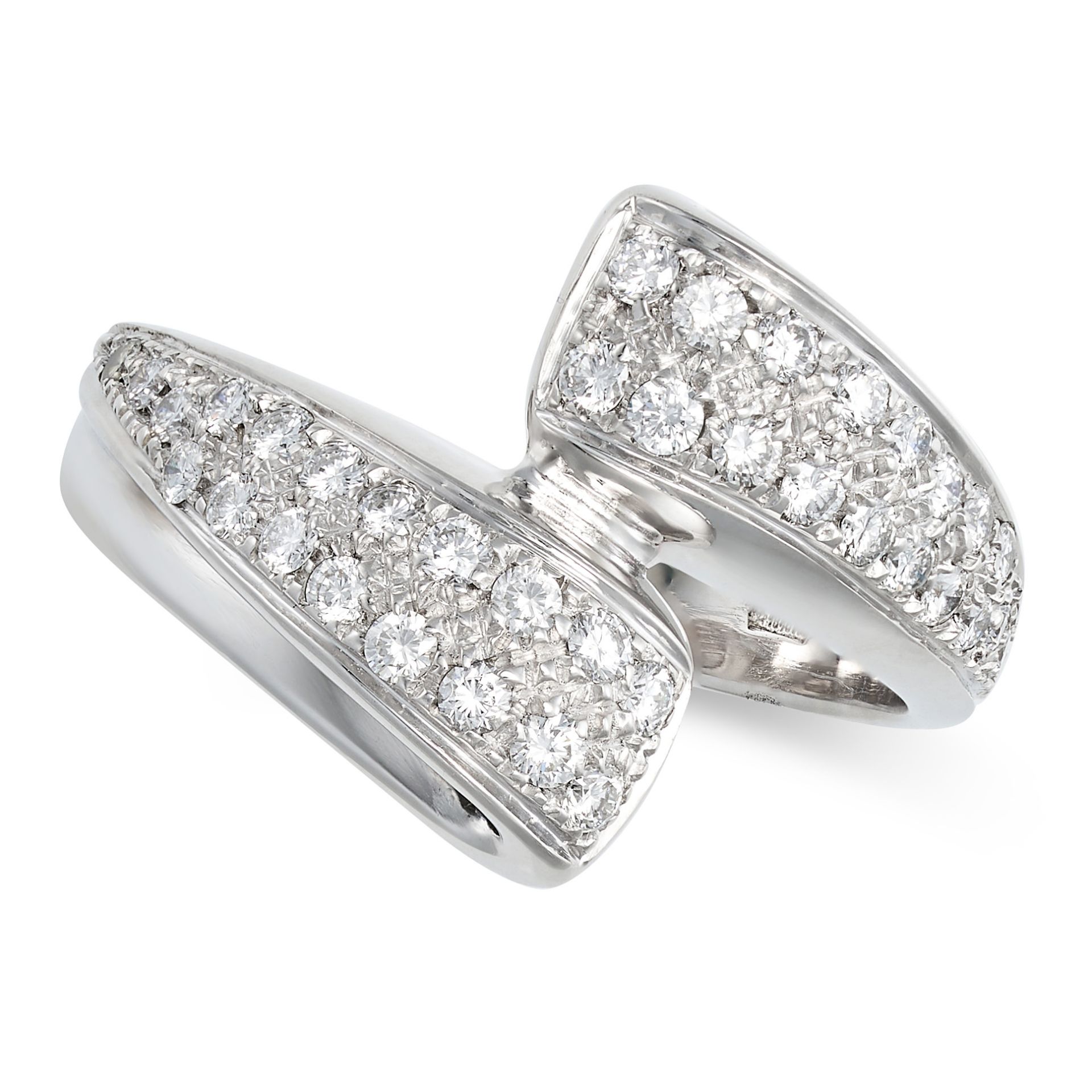 A DIAMOND DRESS RING in 18ct white gold, in a crossover design, set with round brilliant cut diam...